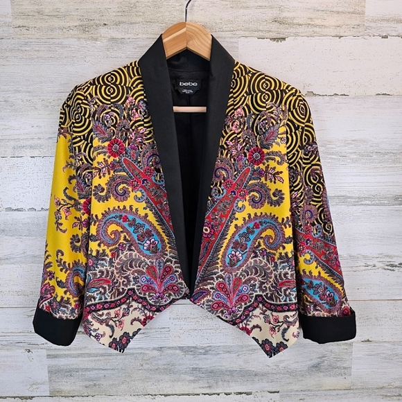 Bebe Vibrant Paisley Open Blazer Jacket Size XS Black Artsy Eclectic Boho - Picture 7 of 14